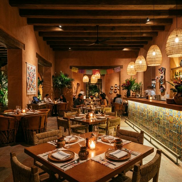 Interior de restaurante latino vibrante y elegante
